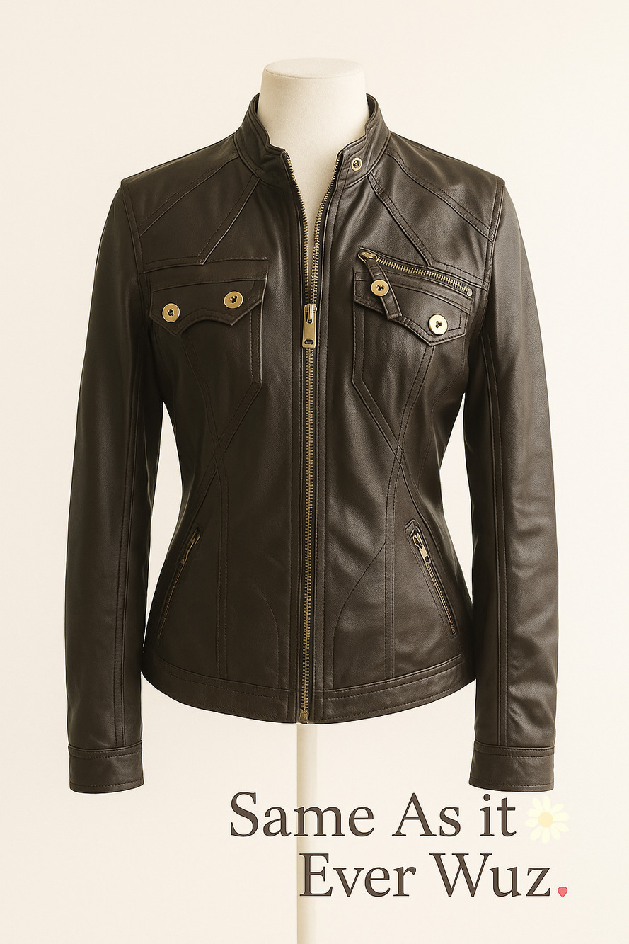Freda M Brown Faux Leather Moto Jacket Gold Zip Pockets Vegan PVC Lined